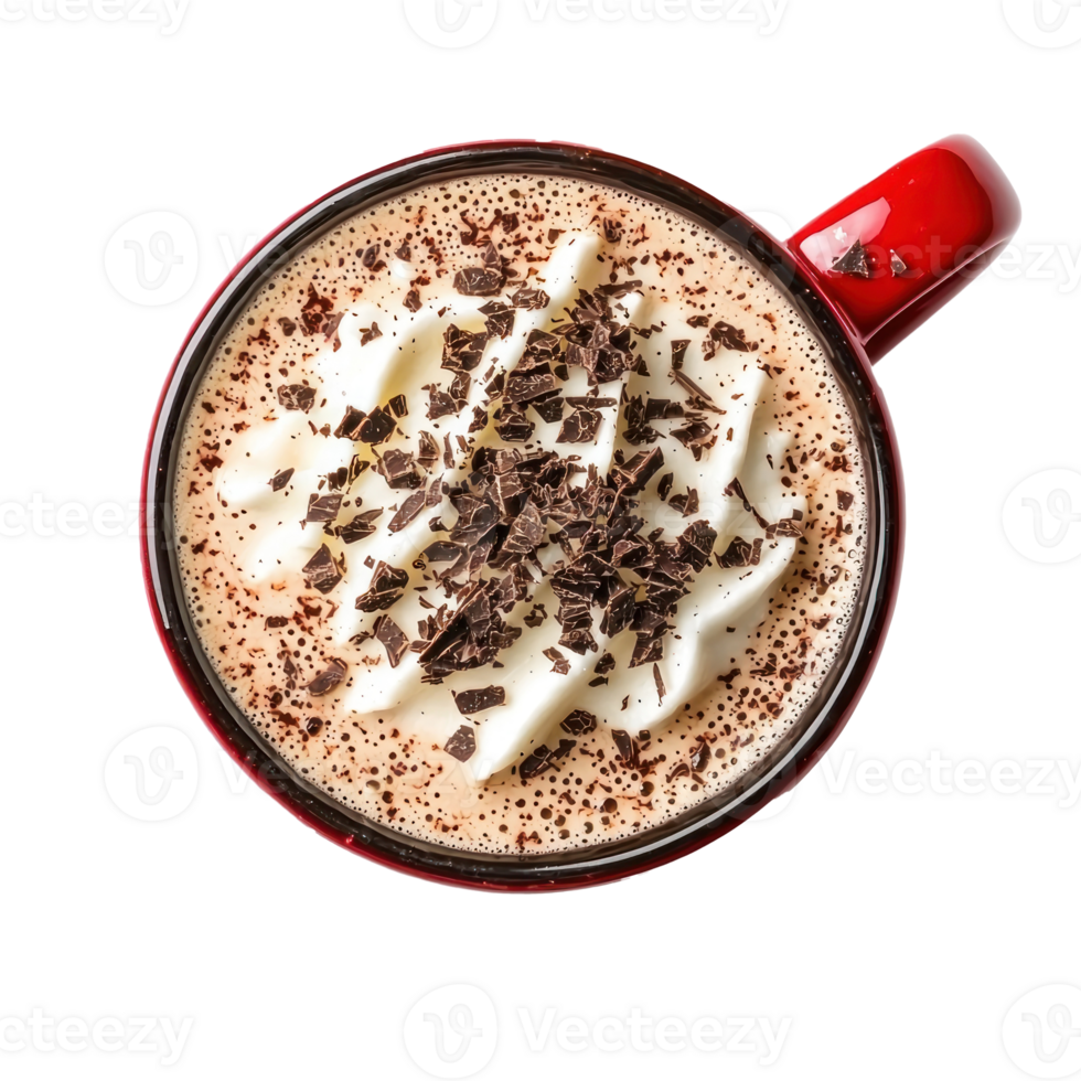 Hot chocolate in red christmas theme mug top view isolate on transparent background png