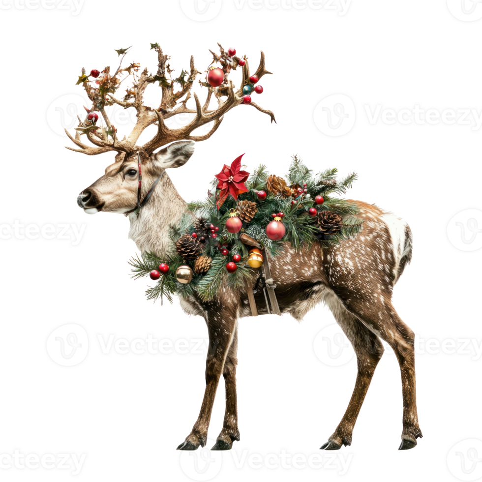 Reindeer with christmas decoration items side view isolate on transparent background png