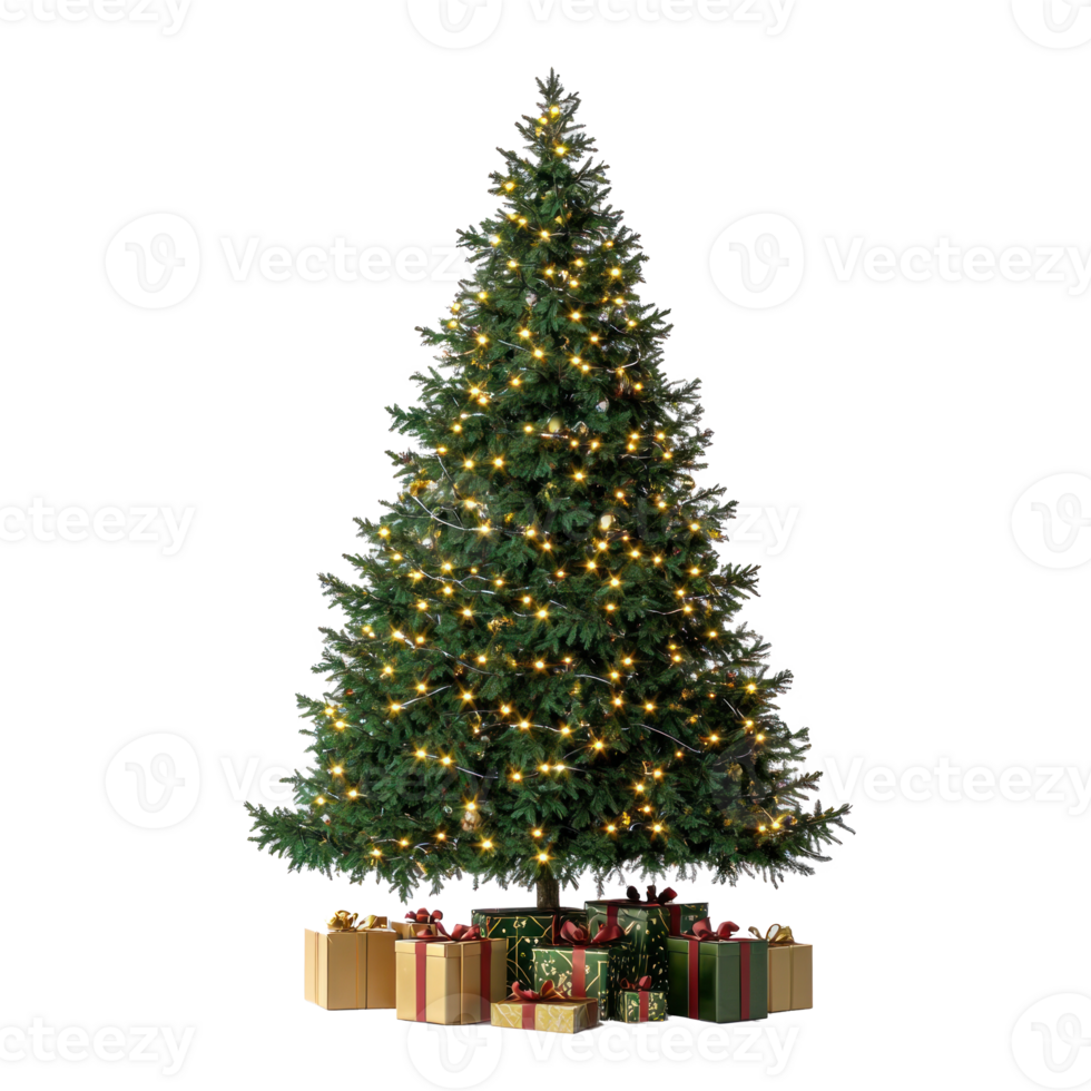 Christmas tree with lights and gifts front view isolate on transparent background png
