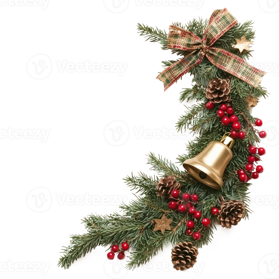 Christmas corner with gold bell and green spruce twigs, red berries, cones and ribbon bow isolate on transparent background png