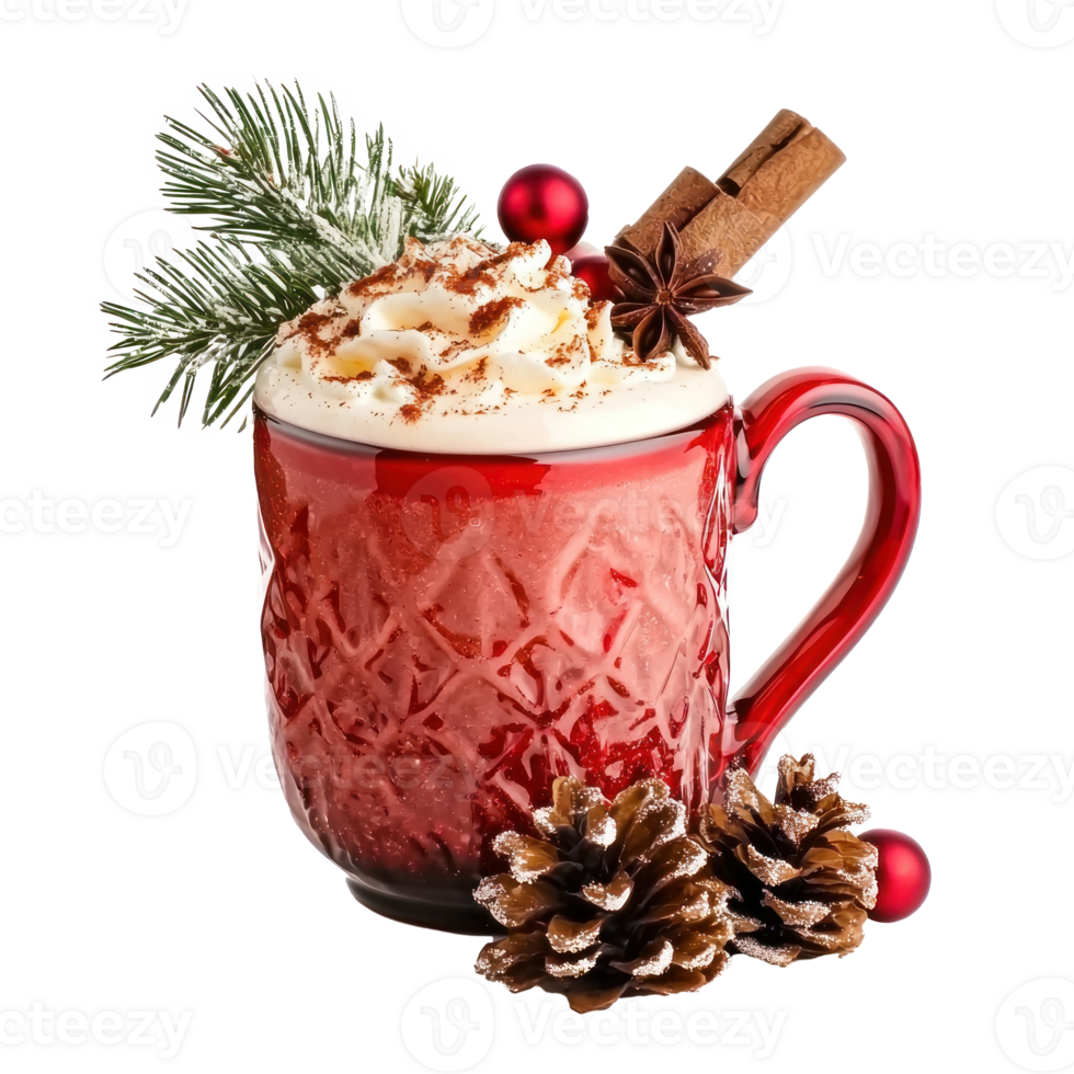 Red mug of eggnog cocktail with christmas decoration isolate on transparent background png