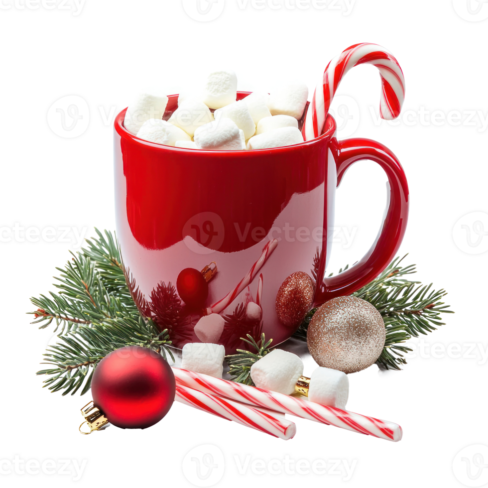 Red Hot chocolate mug with candy cane and marshmallows and christmas decoration front view isolate on transparent background png