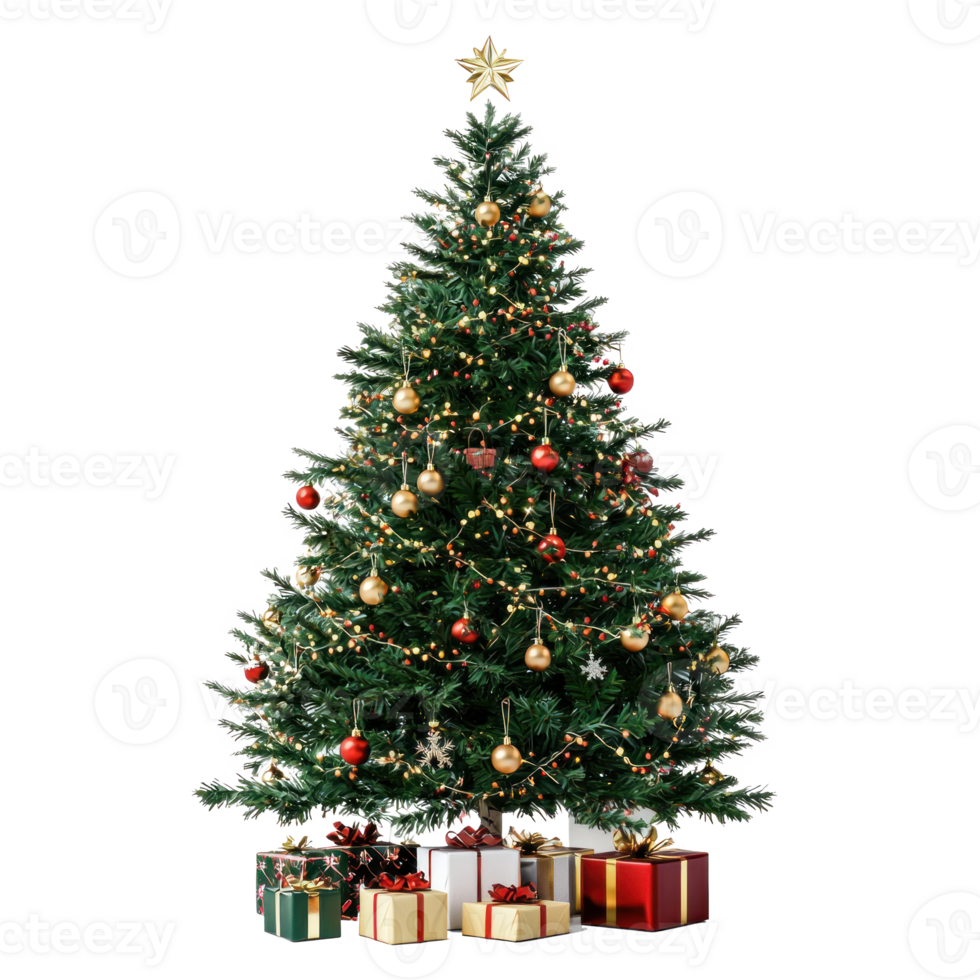 Christmas tree with presents under front view isolate on transparent background png