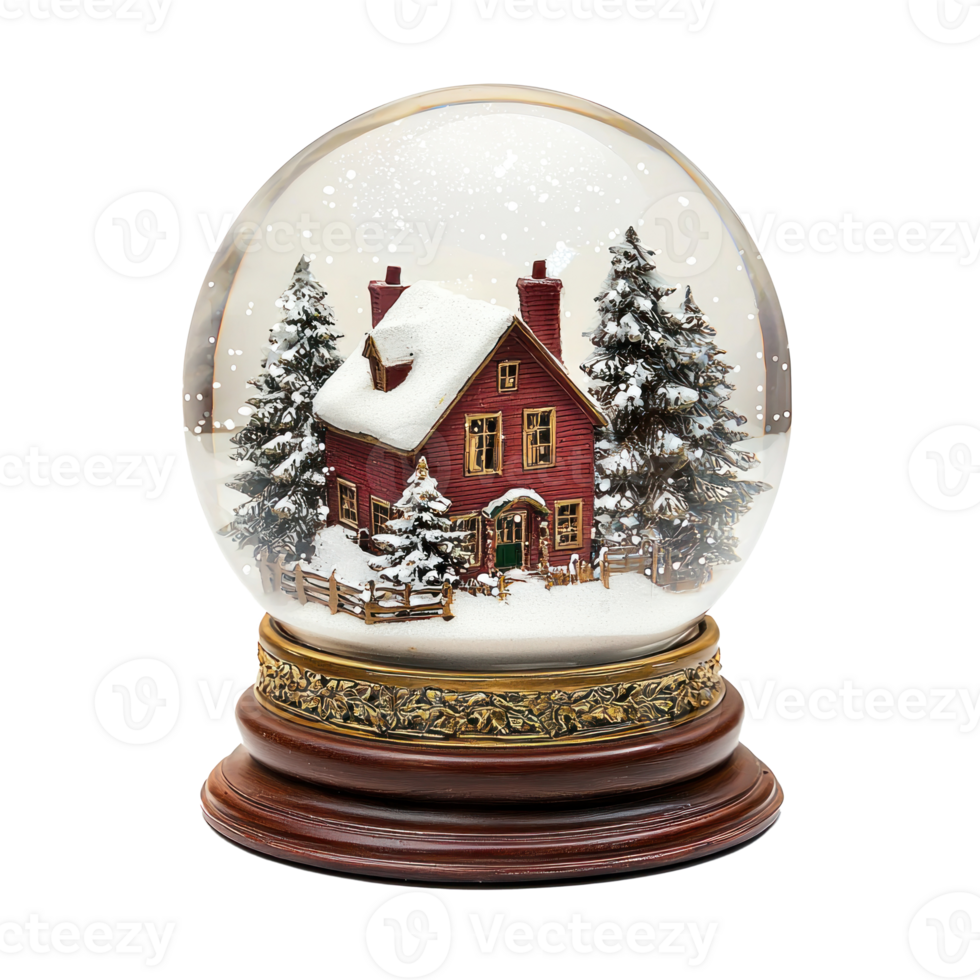 Red house with winter landscape inside snow globe front view isolate on transparent background png