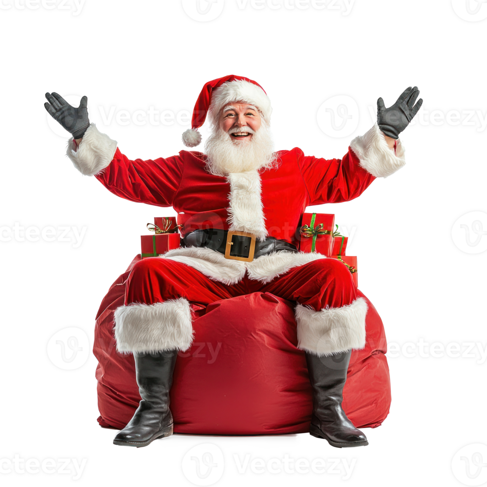 smiling Santa Claus sitting on a red flipped sack with presents and open arms front view isolate on transparent background png