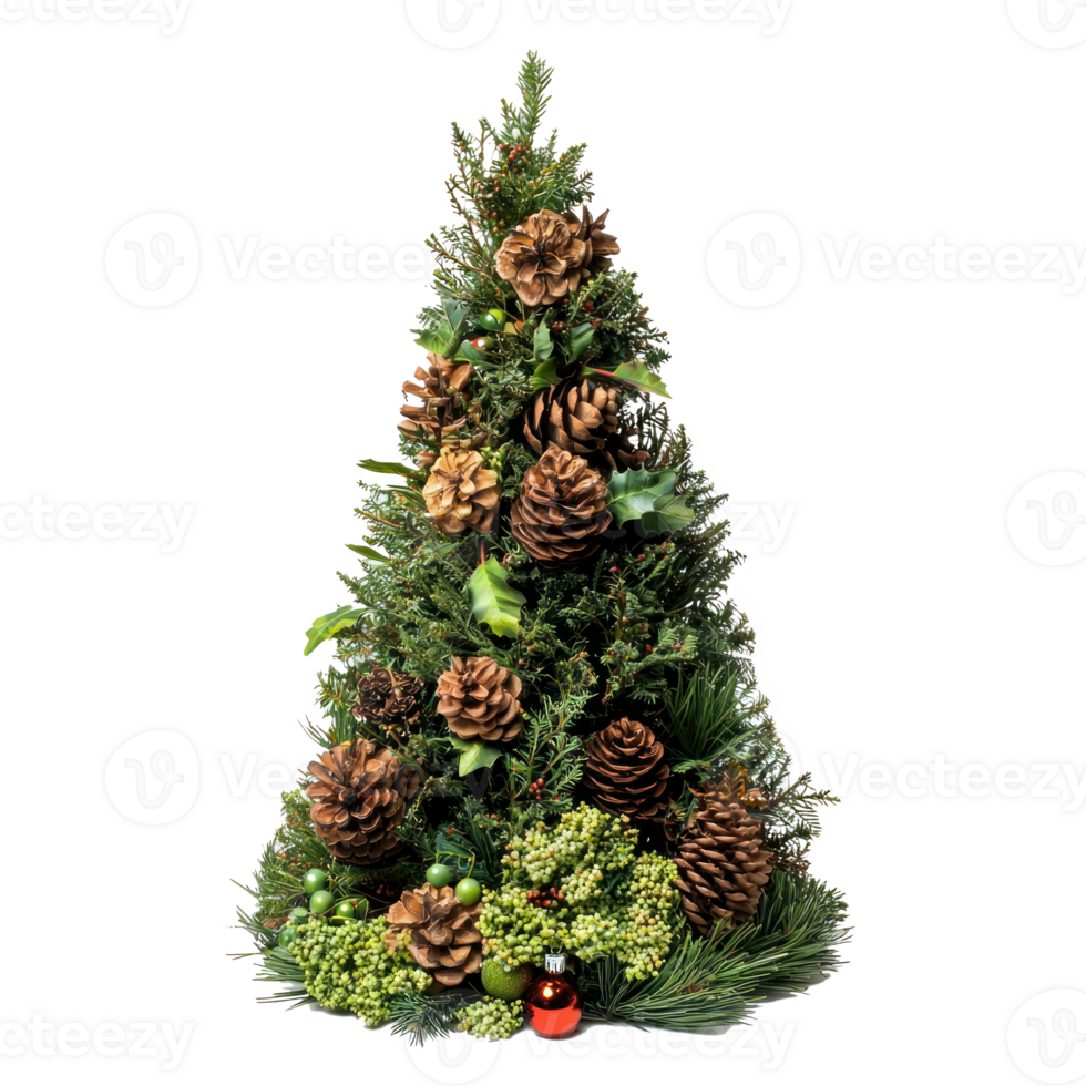 Christmas composition and decorations form as Christ mas tree front view isolate on transparent background png