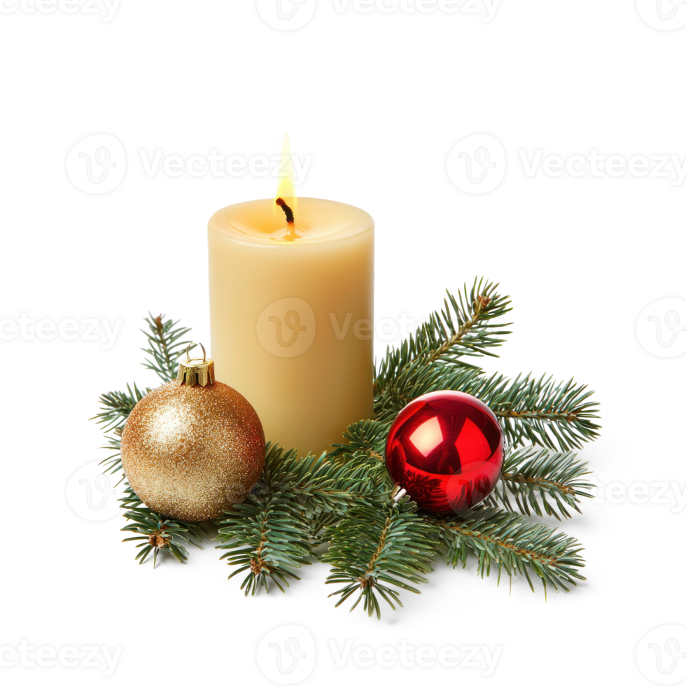 Gold christmas candle with green fir branch and red shiny bauble front view isolate on transparent background png