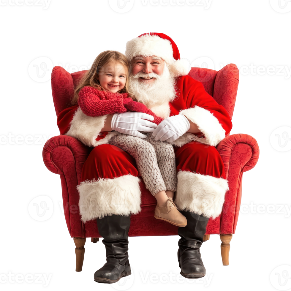Smiling Santa Claus sitting on red sofa hugging a child front view isolate on transparent background png