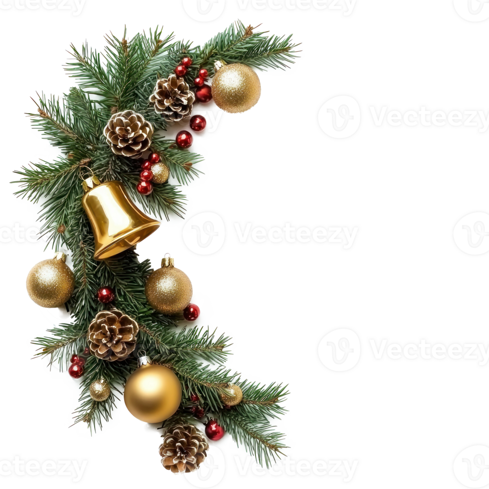 Christmas corner decoration with gold bell, balls, fir branches and Ornaments isolate on transparent background png