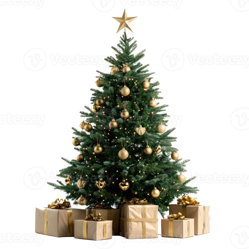 Christmas tree with gold ornament and artificial star hearts presents front view isolate on transparent background png