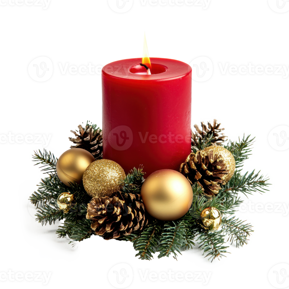 Christmas red candle with green fir branches and gold pinecones and baubles front view isolate on transparent background png