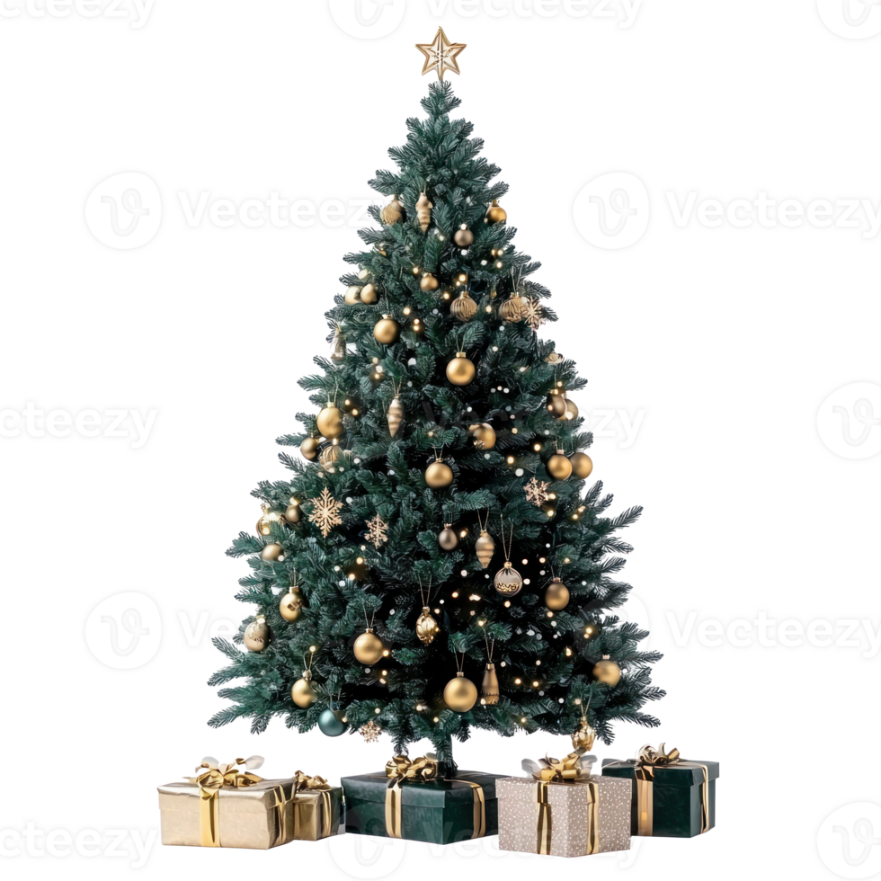 Green Christmas tree with gold decoration and presents shining light front view isolate on transparent background png
