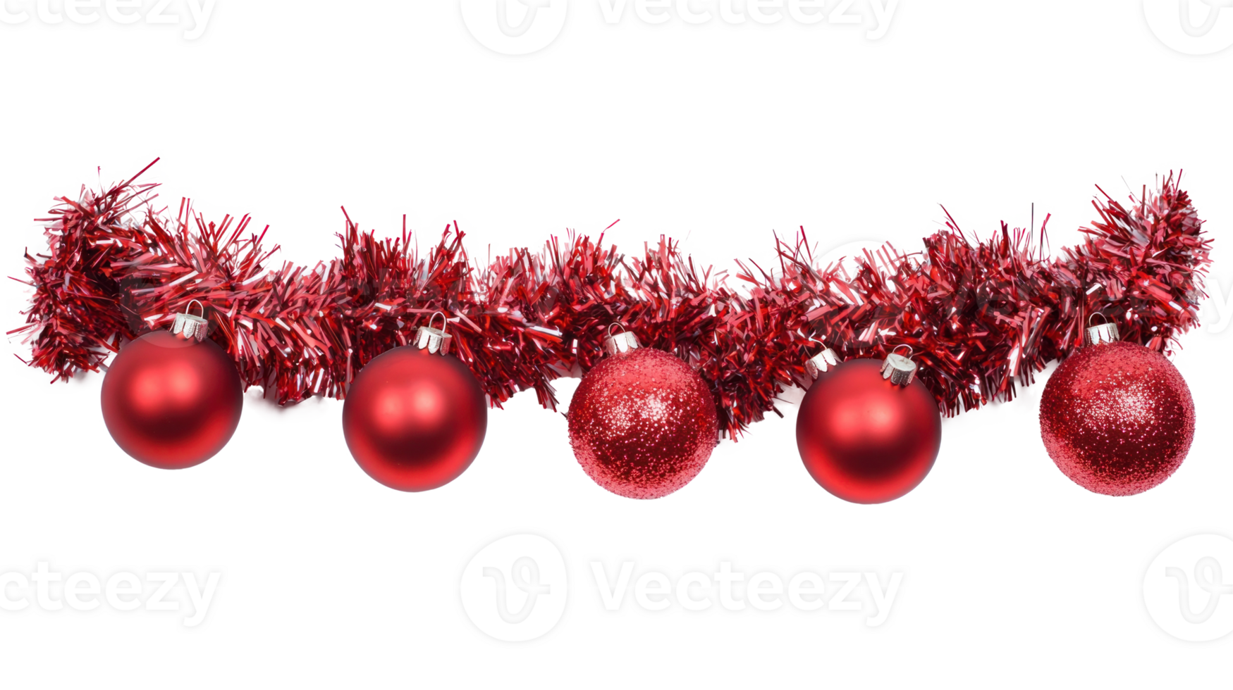 Christmas Red garland with Tinsel Ornaments and baubles isolate on transparent background png