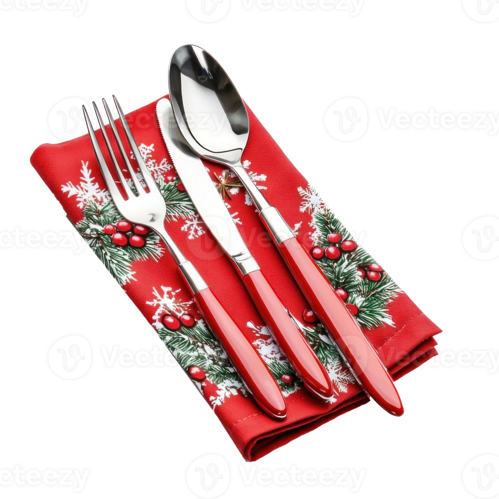 Christmas serving cutlery on a napkin top view isolate on transparent background png