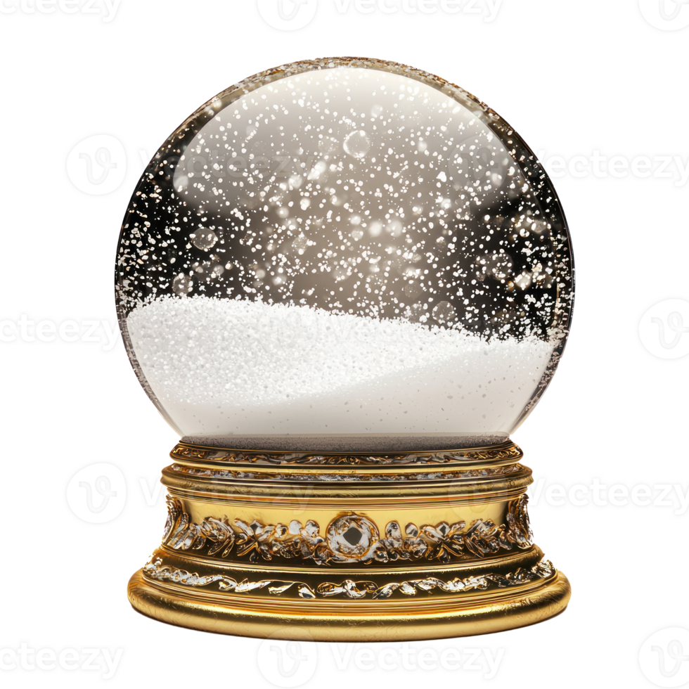 Empty snowglobe with gold base and inside with snow falling front view isolate on transparent background png