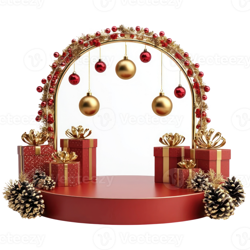 Christmas podium with gold and red decorations and presents isolate on transparent background png