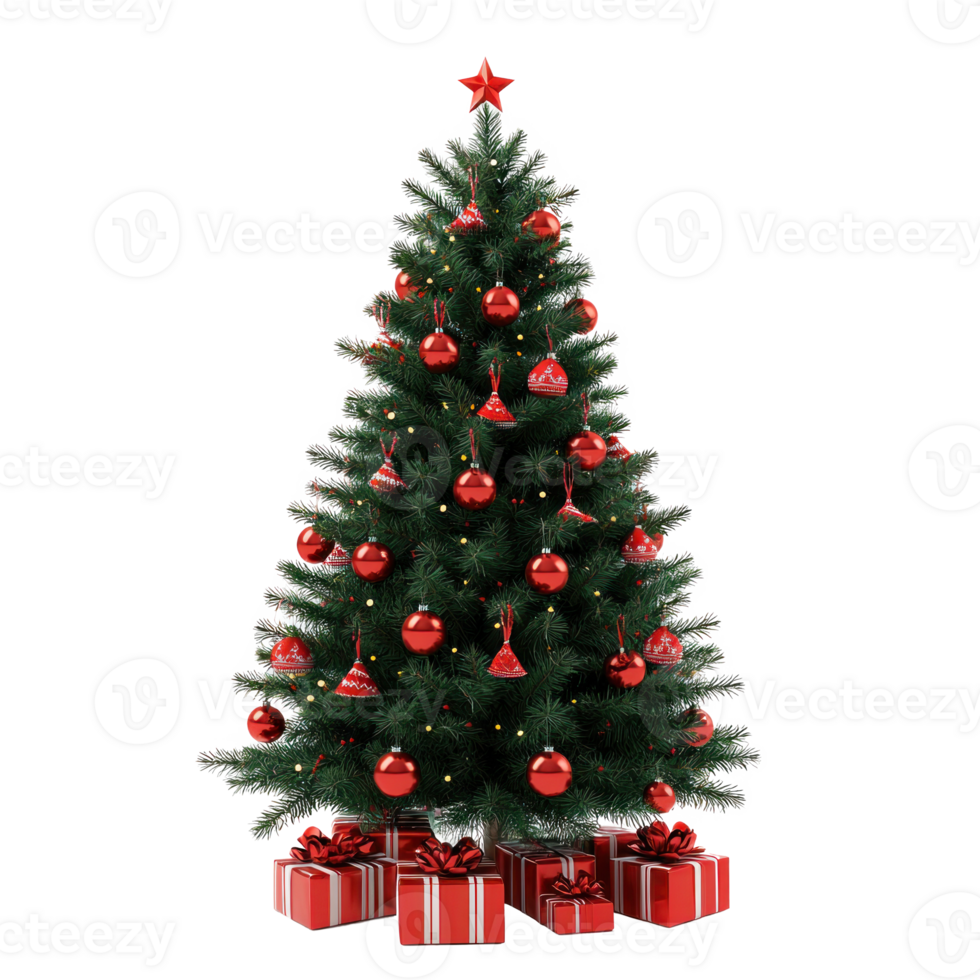 Green Christmas tree with red decoration and presents isolate on transparent background png