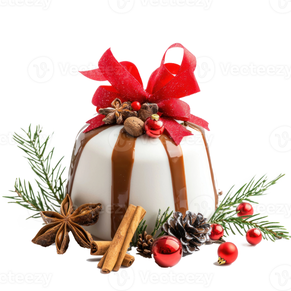 Christmas pudding with decorations items front view isolate on transparent background png