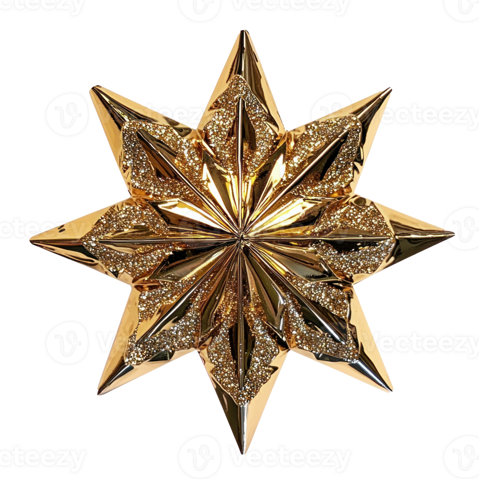 Shiny gold Christmas star bow side view isolate on transparent background png