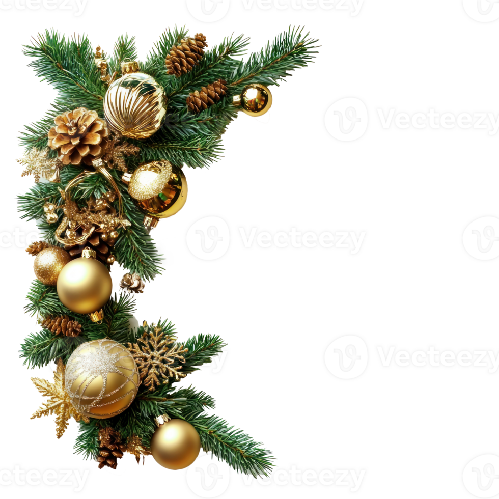 Christmas corner with green fir and gold bell and other ornaments isolate on transparent background png