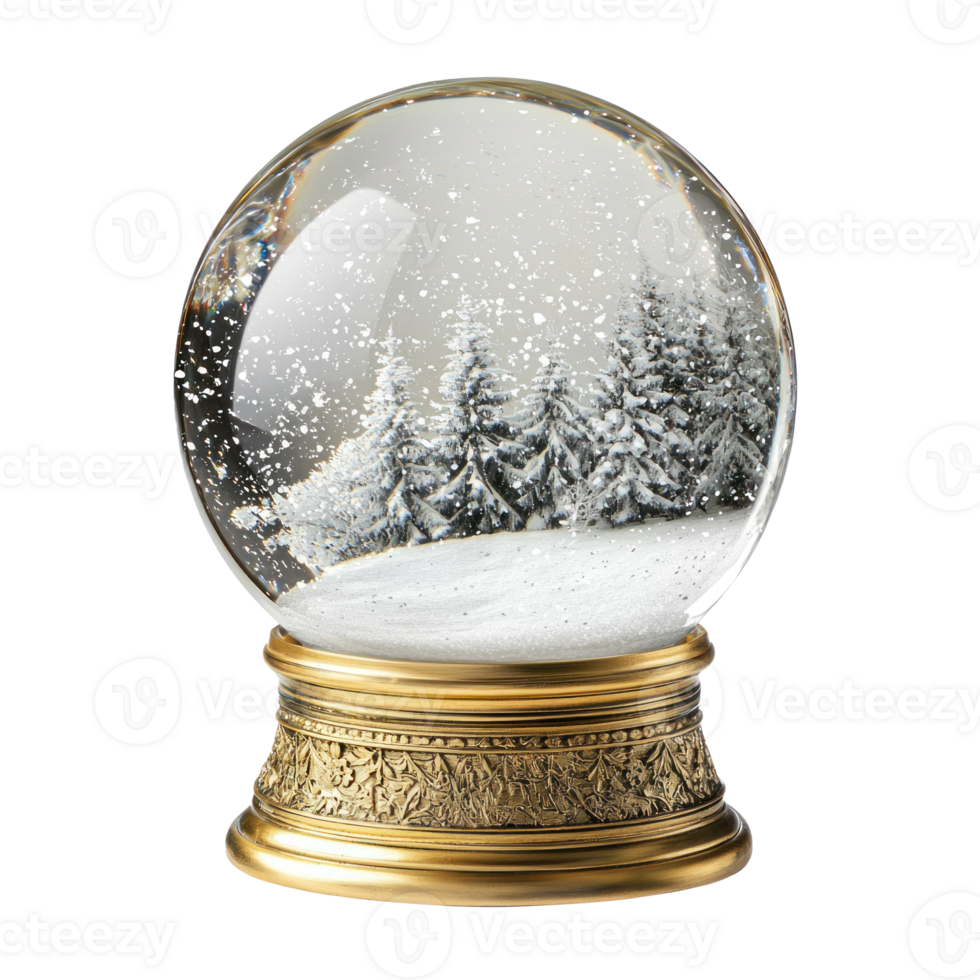 Empty snowglobe with gold base and inside with snow falling front view isolate on transparent background png
