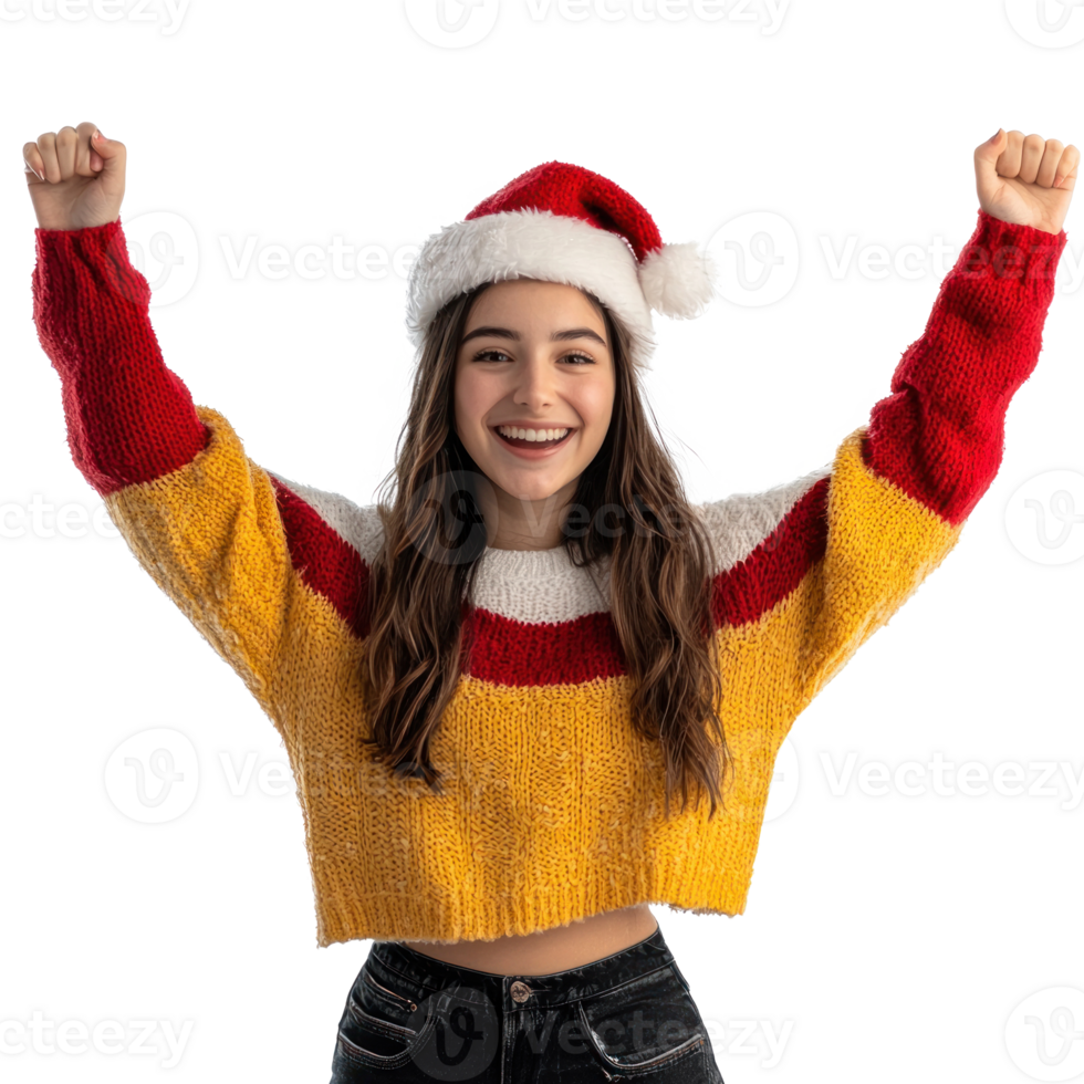 Happy young woman celebrate Christmas front view isolate on transparent background png
