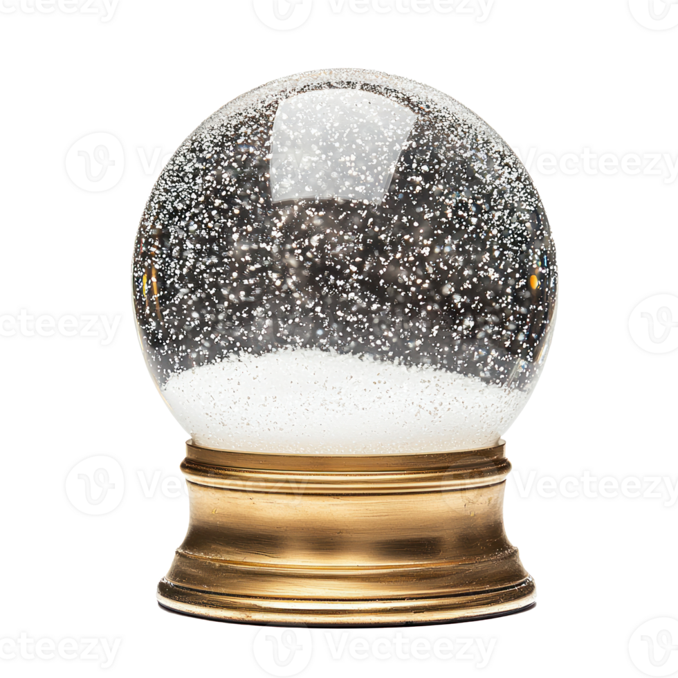Empty snowglobe with gold base and inside with snow falling front view isolate on transparent background png
