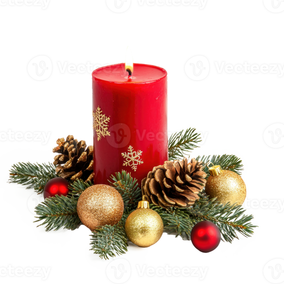 Christmas red candle with green fir branches and gold pinecones and baubles isolate on transparent background png