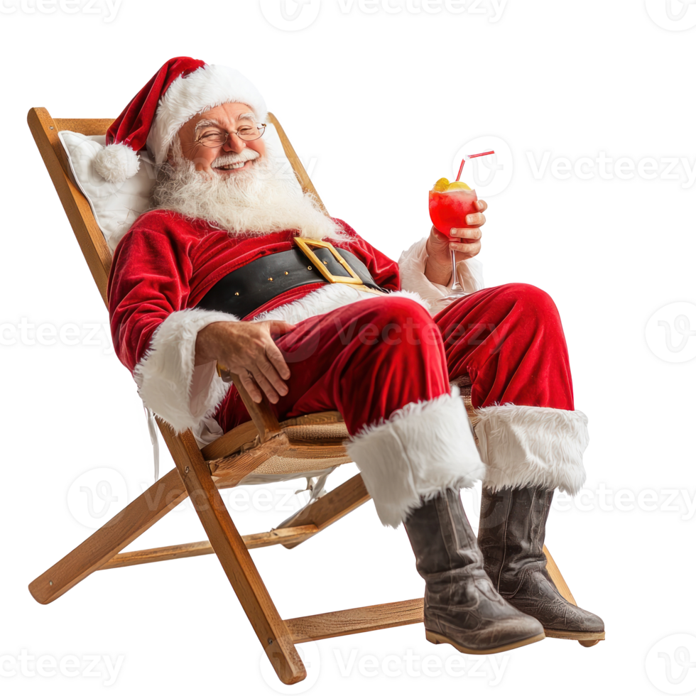Santa Claus relaxing on deckchair holding cocktail side view isolate on transparent background png