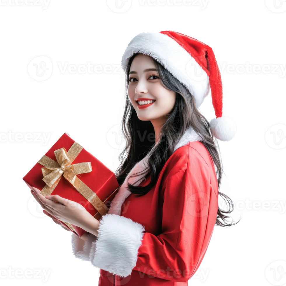 Beautiful Young woman smiling wear Santa costume holding red gift box, standing side view isolate on transparent background png