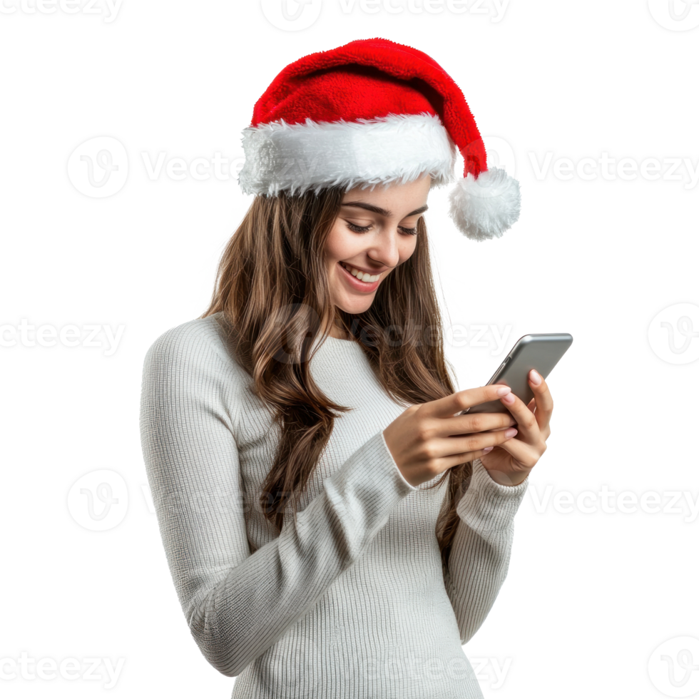 smiling young woman wear Santa red hat using smart phone texting, standing side view isolate on transparent background png