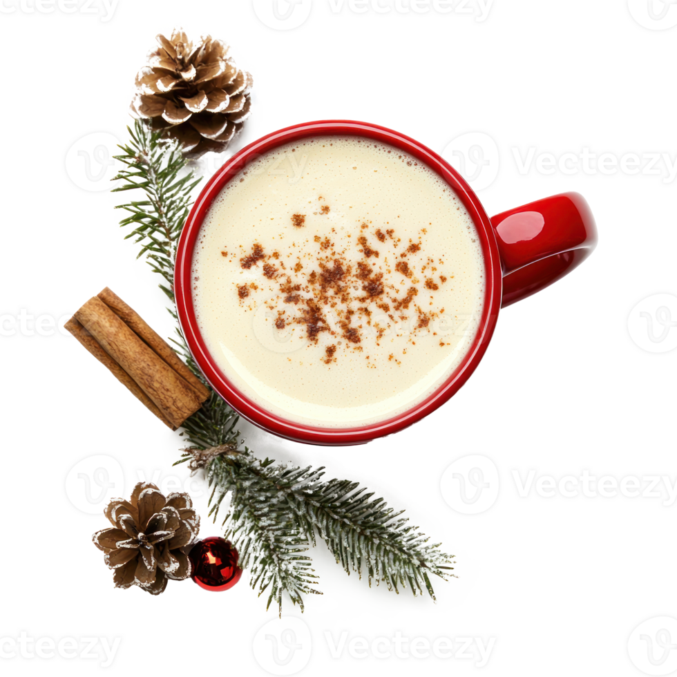 Red mug of eggnog cocktail with christmas decoration top view isolate on transparent background png