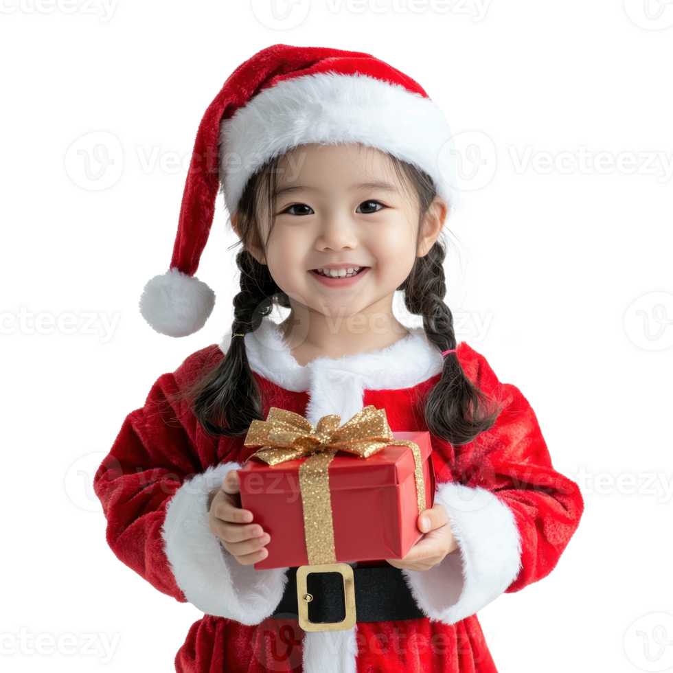 Smiling little girl wear Santa red costume holding gift box isolate on transparent background png