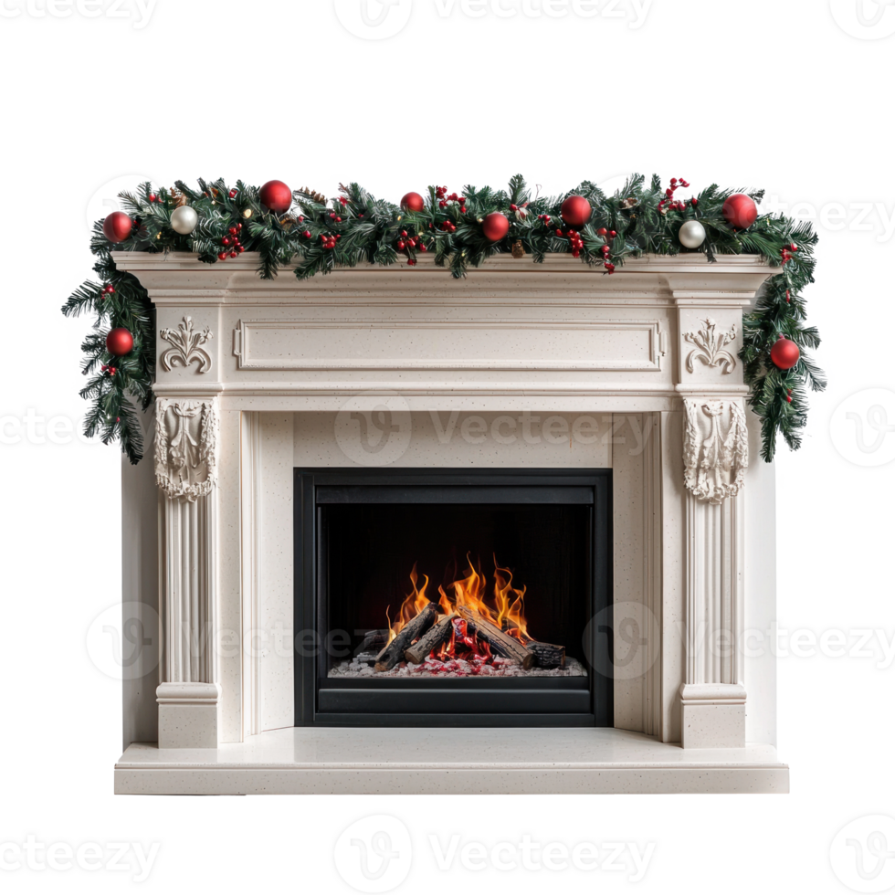 Fireplace with christmas decoration isolate on transparent background png