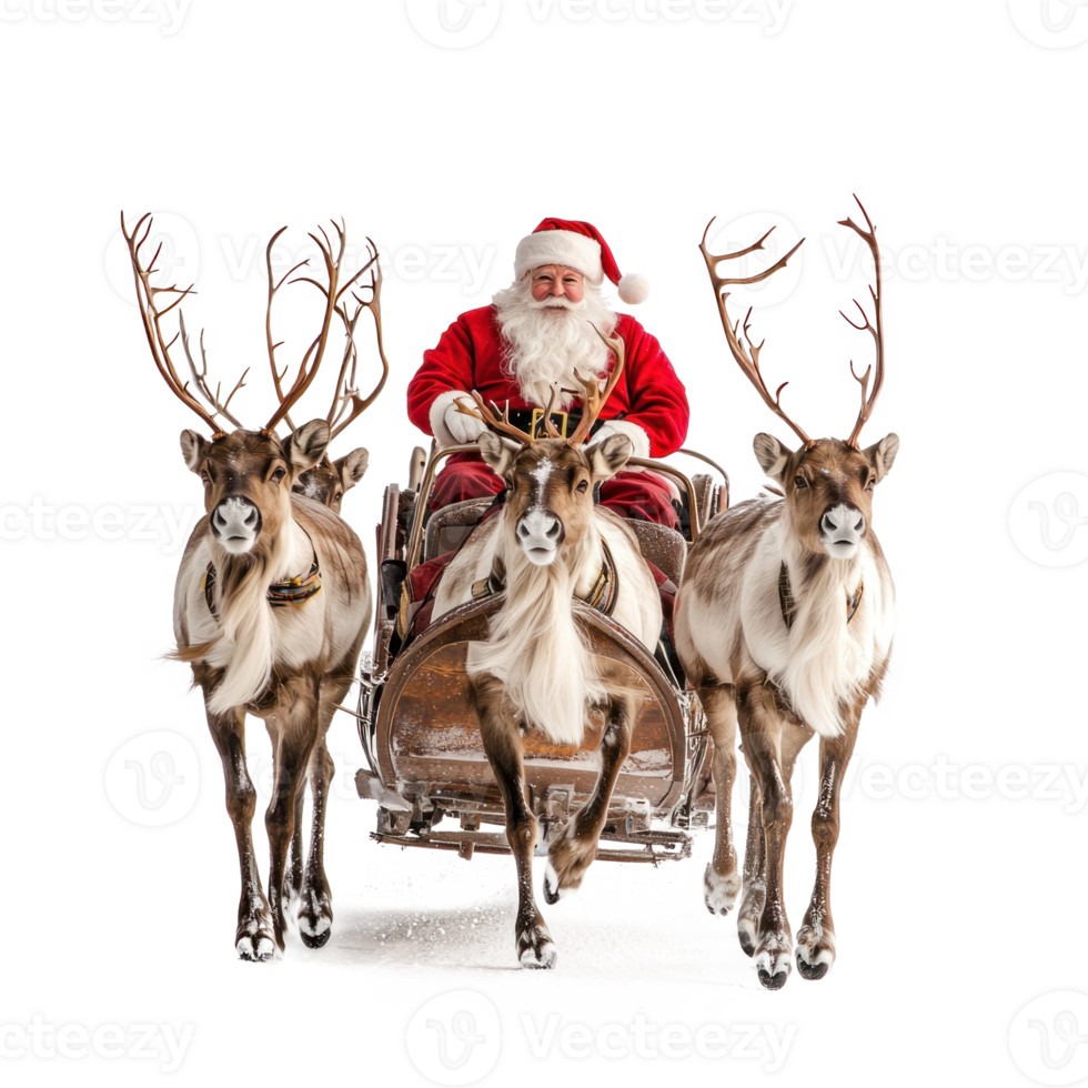 Santa Claus riding a sleigh led by reindeers isolate on transparent background png