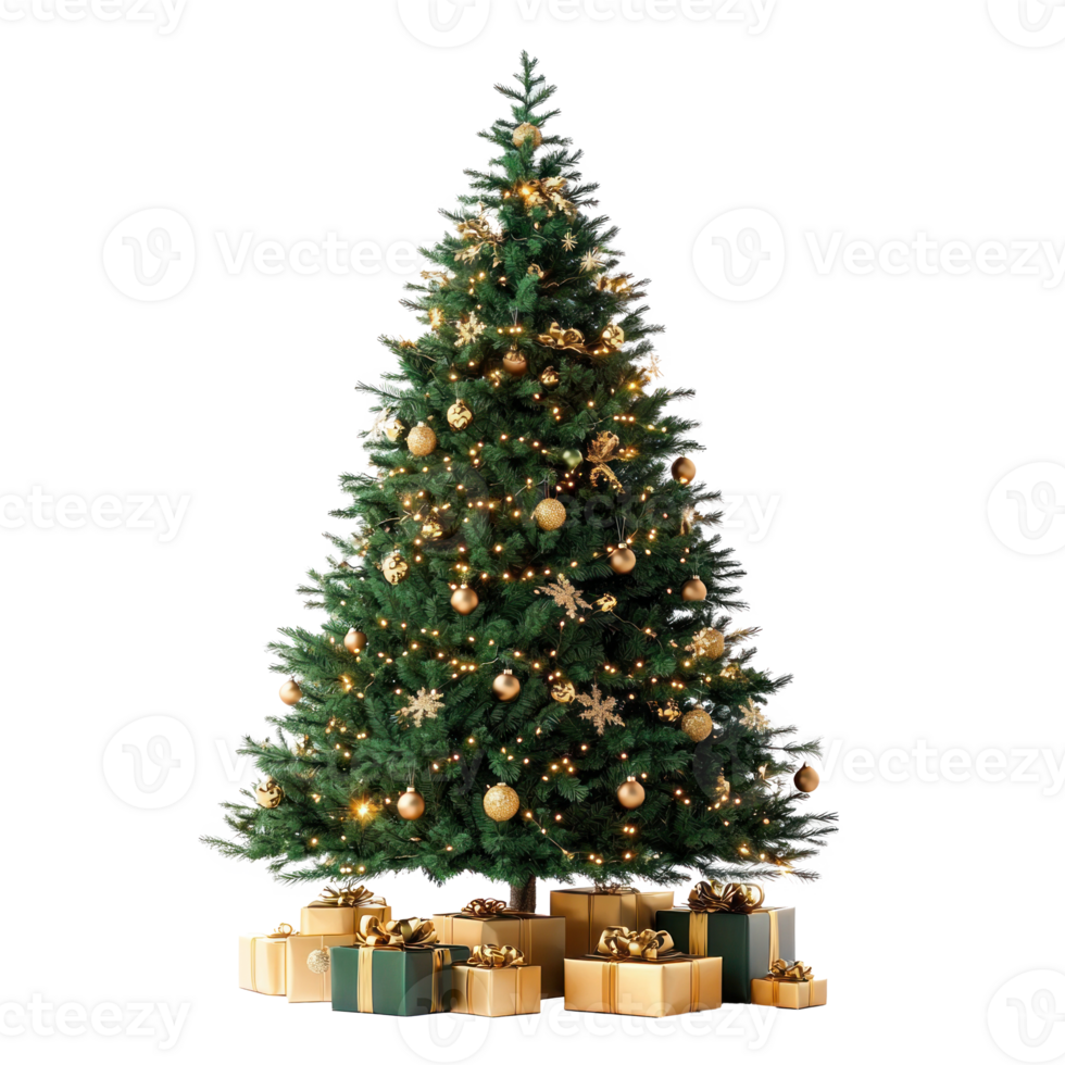 Green Christmas tree with gold decoration and presents shining light front view isolate on transparent background png