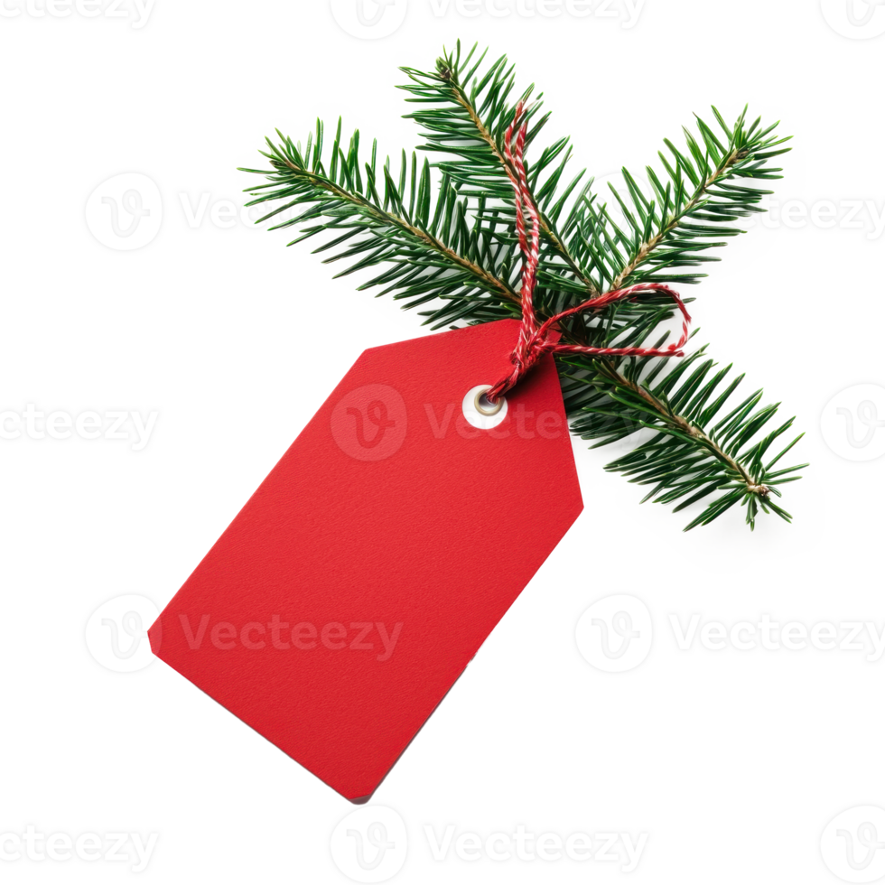 Christmas red sale tag with green fir branch isolate on transparent background png