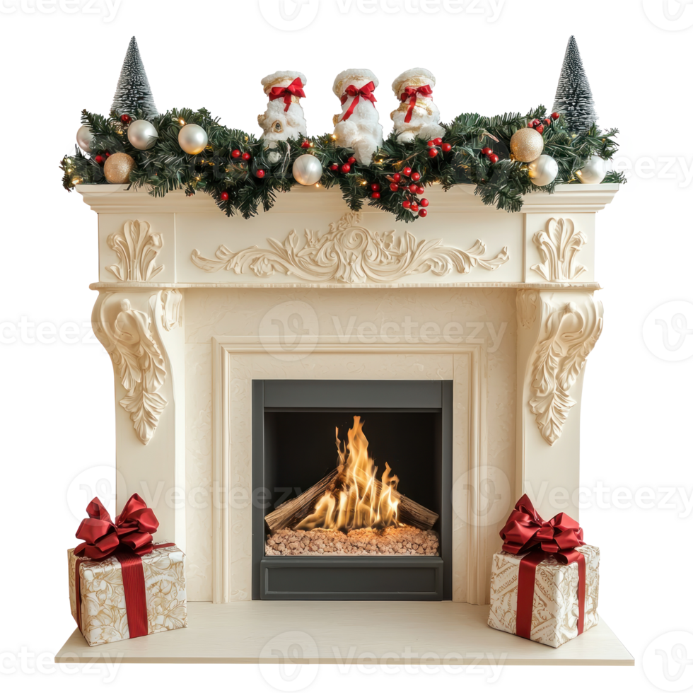 Beautiful Fireplace with Christmas decorations isolate on transparent background png