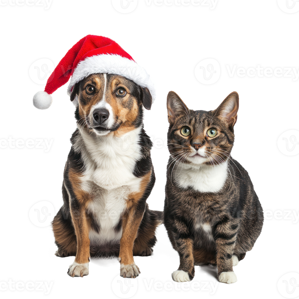 Funny dog and cat wearing a santa hat with christmas decoration items full length isolate on transparent background png