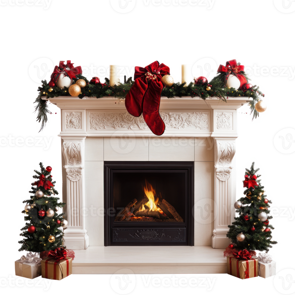 Beautiful Fireplace with Christmas decorations isolate on transparent background png