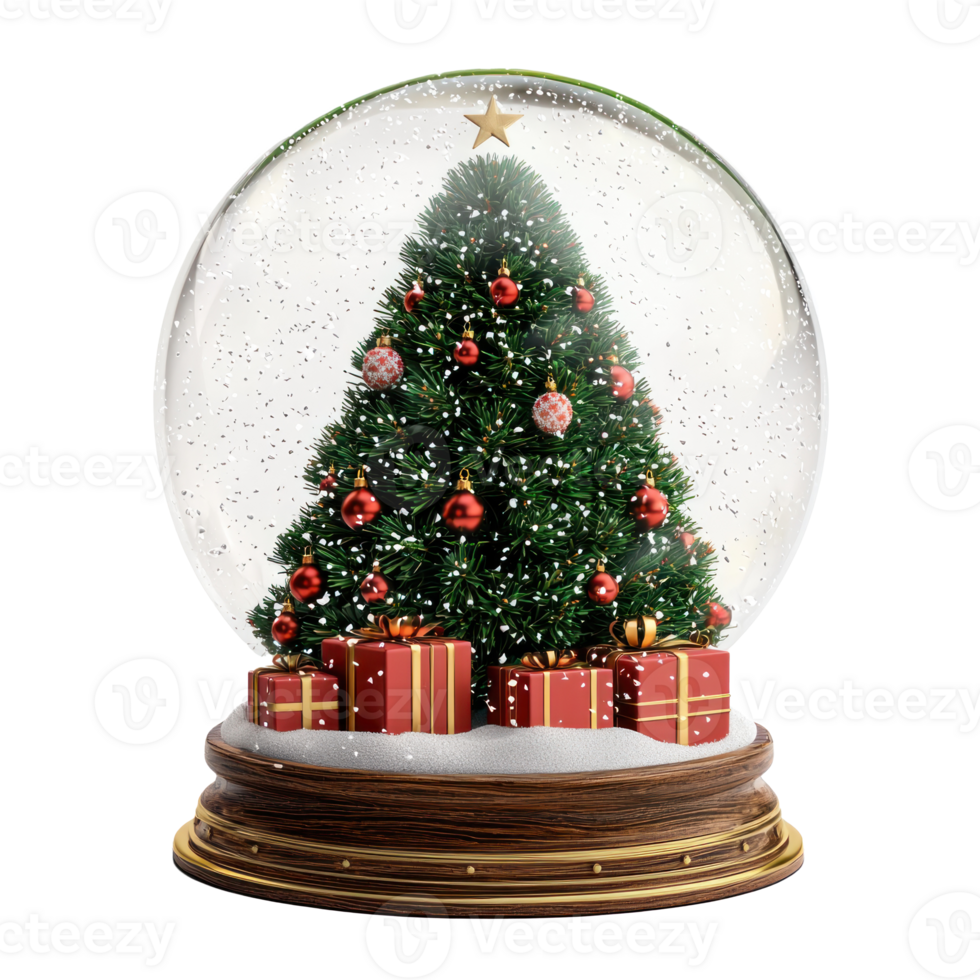 Christmas Tree with presents with falling snow inside snow globe front view isolate on transparent background png