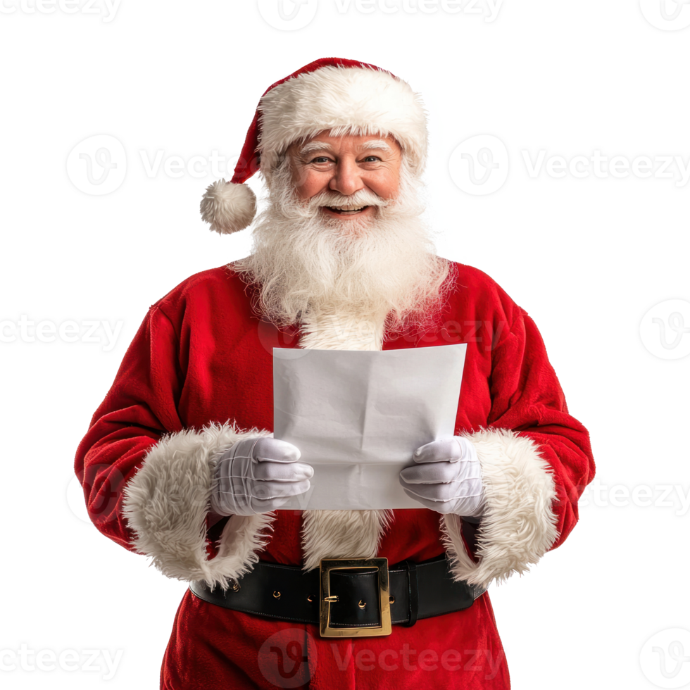 Smiling Santa Claus reading letter, standing front view isolate on transparent background png