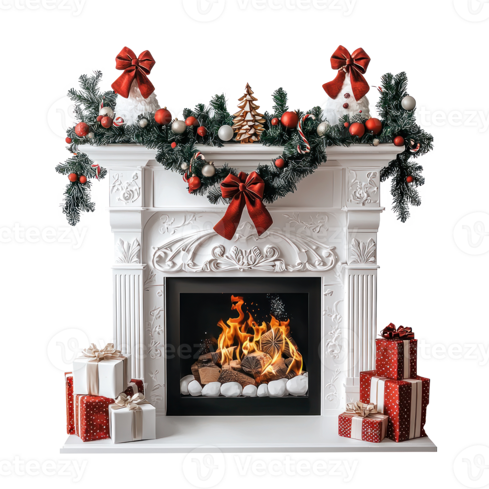 Elegant Christmas Fireplace with decorations isolate on transparent background png