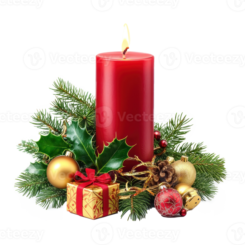 Christmas red candle with green fir branches and holly with gold gifts and jingle bell front view isolate on transparent background png