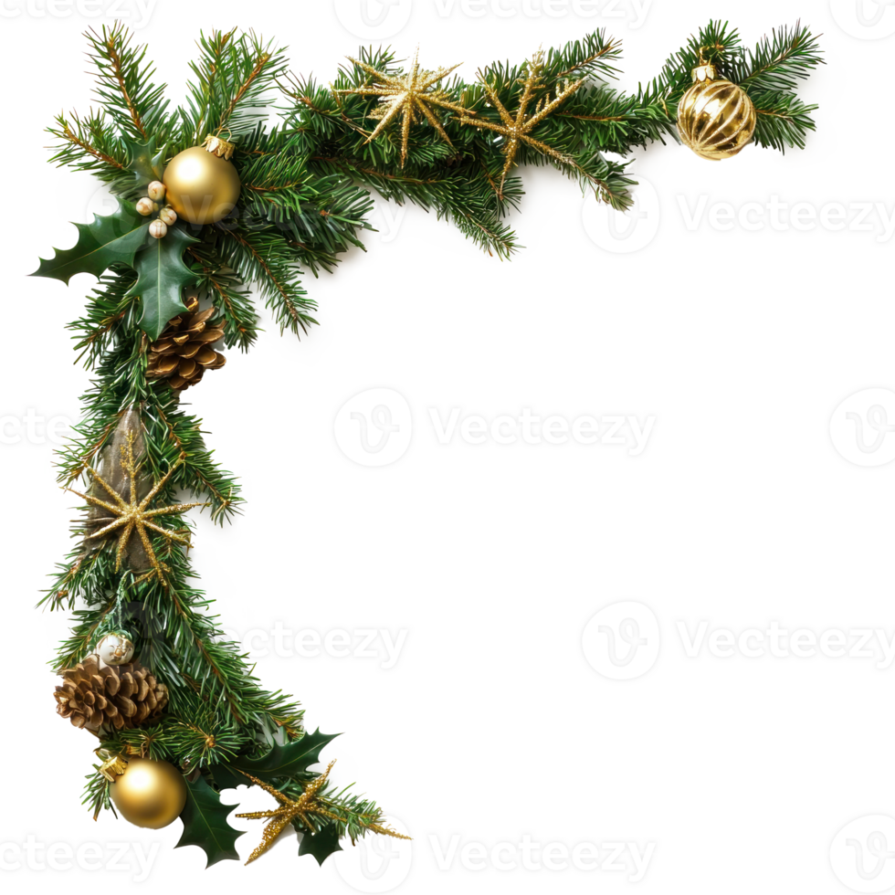 Christmas corner with green fir and gold bell and other ornaments isolate on transparent background png