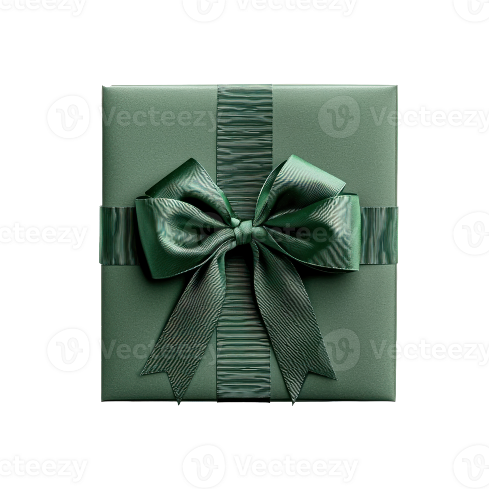 Green Christmas gift box with ribbon bow top view isolate on transparent background png