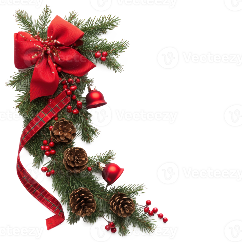 Christmas corner red bow, bell and pine cones with swirled ribbon and pine branches isolate on transparent background png