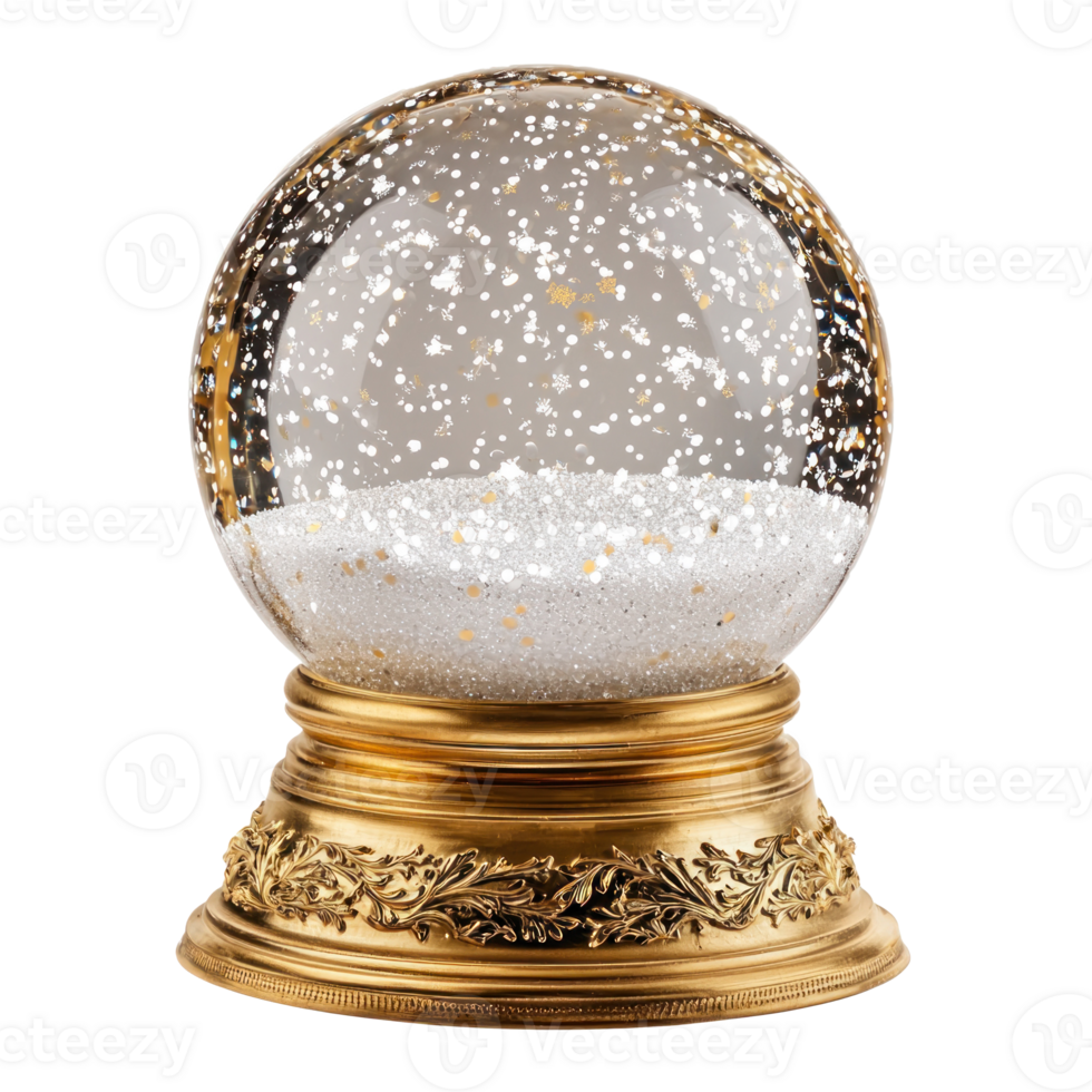 Empty snowglobe with gold base and inside with snow falling front view isolate on transparent background png