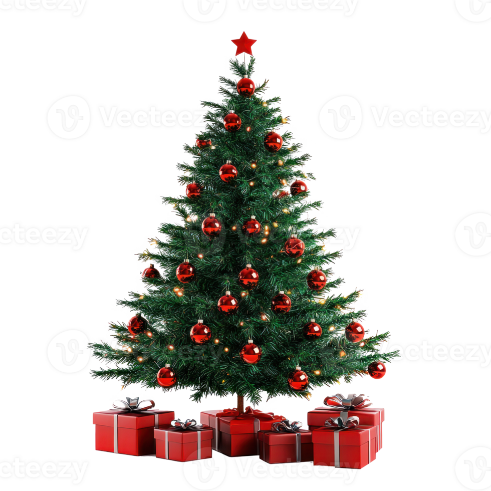 Green Christmas tree with red decoration and presents isolate on transparent background png