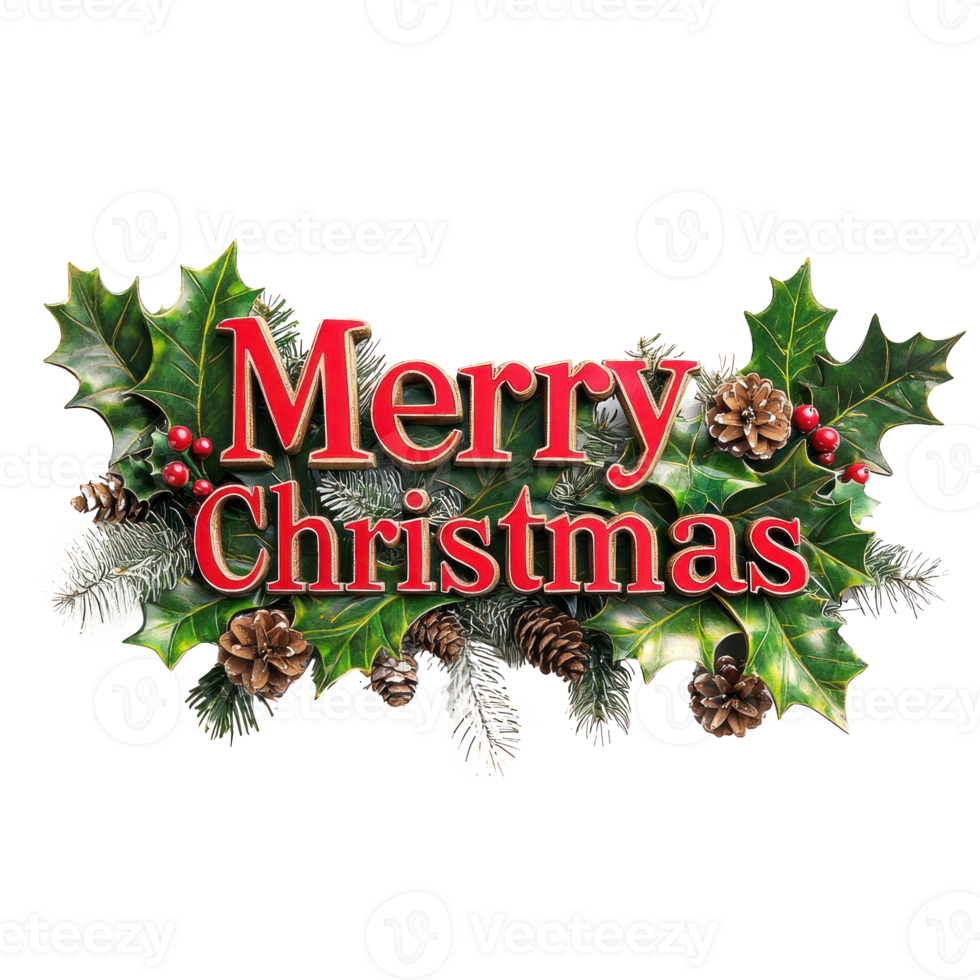 Merry Christmas Greeting 3D text decorate with mistletoe branches, pinecones, holly leaves, berries isolate on transparent background png